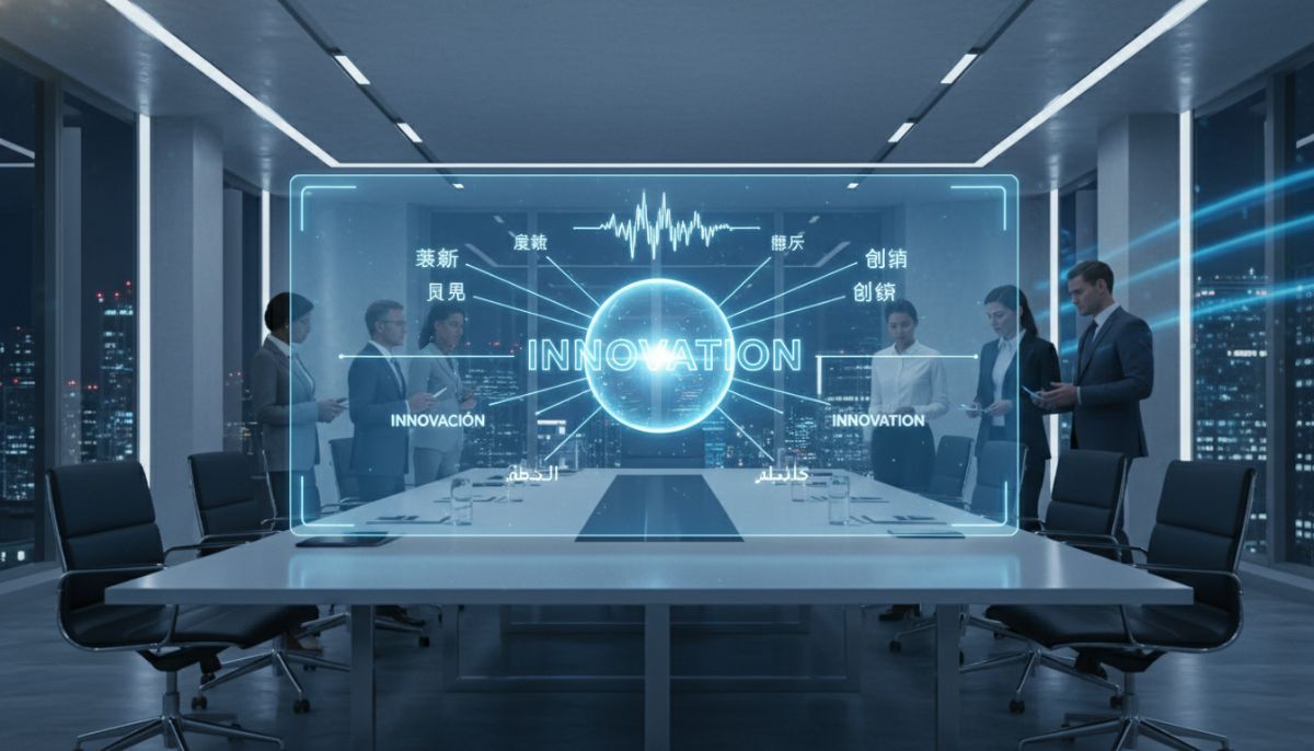 A futuristic holographic interface showing real-time translation of spoken words into multiple languages simultaneously, sleek corporate setting, neon blue and white lighting, 8k resolution.