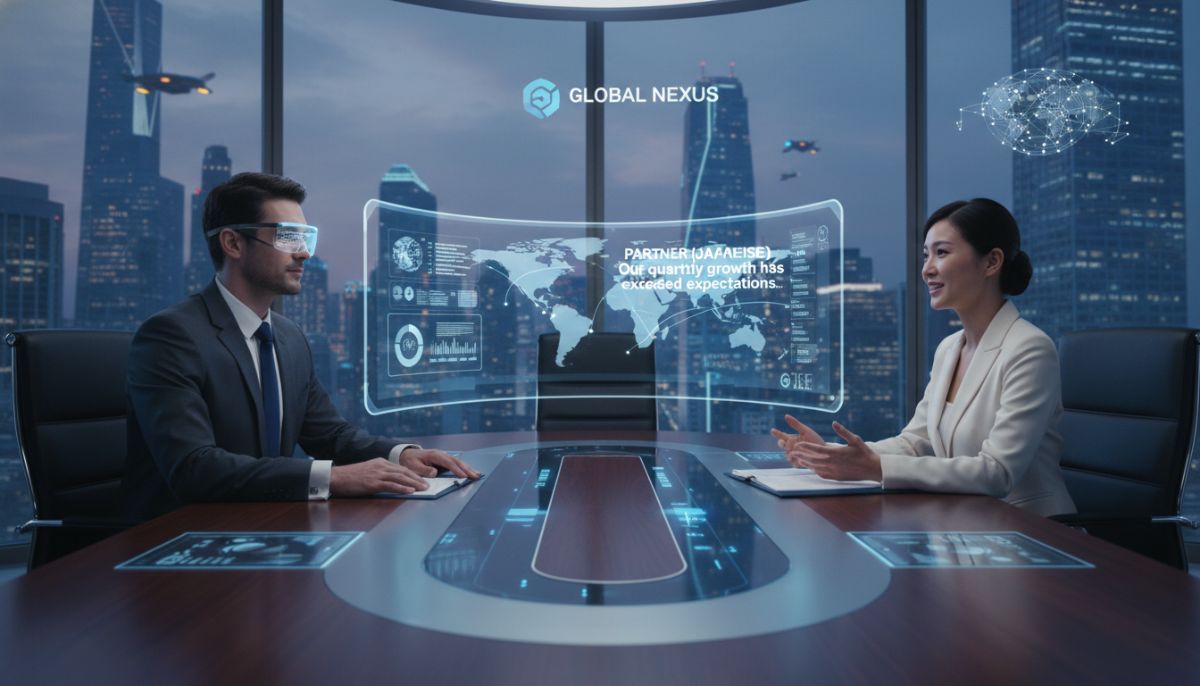 A professional businessman wearing sleek smart glasses that display translated subtitles of a conversation with an international partner, high-tech boardroom, photorealistic style.