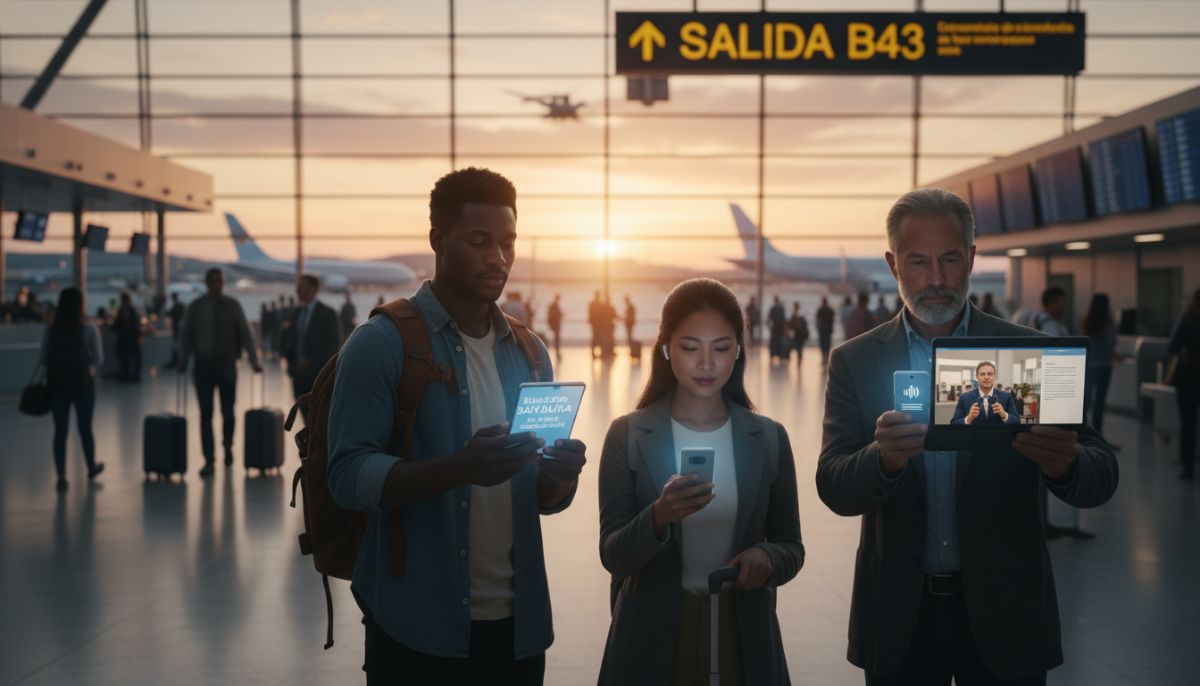 A diverse group of travelers in a busy international airport using a mobile device to translate complex signage and spoken announcements in real-time, cinematic lighting, shallow depth of field.