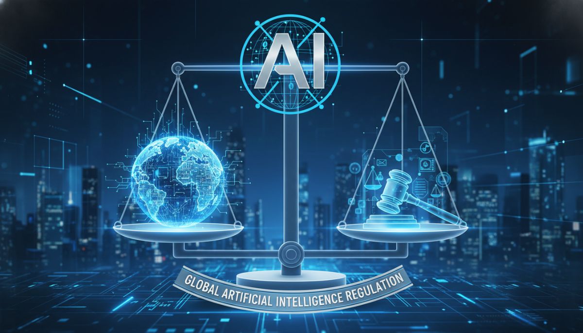 A professional futuristic digital illustration representing global artificial intelligence regulation, featuring a digital scale, a circuit-board globe, and legal symbols in a high-tech blue and silver aesthetic.