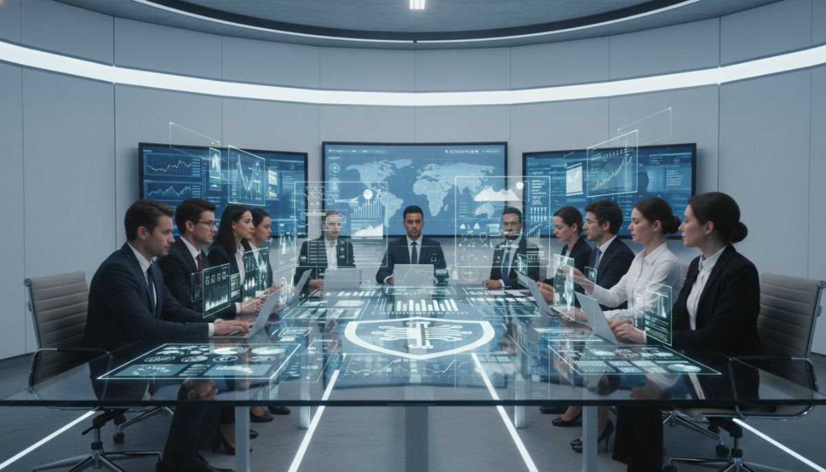 A high-tech legal boardroom with diverse professionals reviewing AI holographic data visualizations on a glass table, symbolizing corporate governance and compliance.