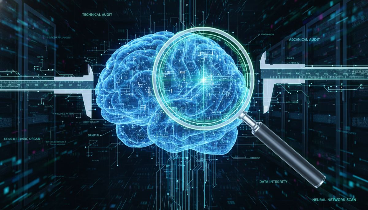 A conceptual 3D image of an AI 'brain' being scanned by a digital magnifying glass and calipers, representing a rigorous technical audit and algorithmic transparency.