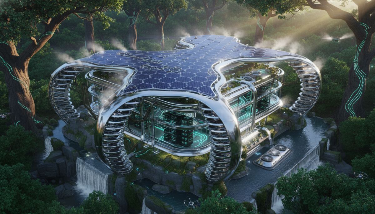 A futuristic data center integrated seamlessly into a lush green forest, with solar panels on the roof and cooling systems utilizing natural airflow, high-tech aesthetic, cinematic lighting, 8k resolution