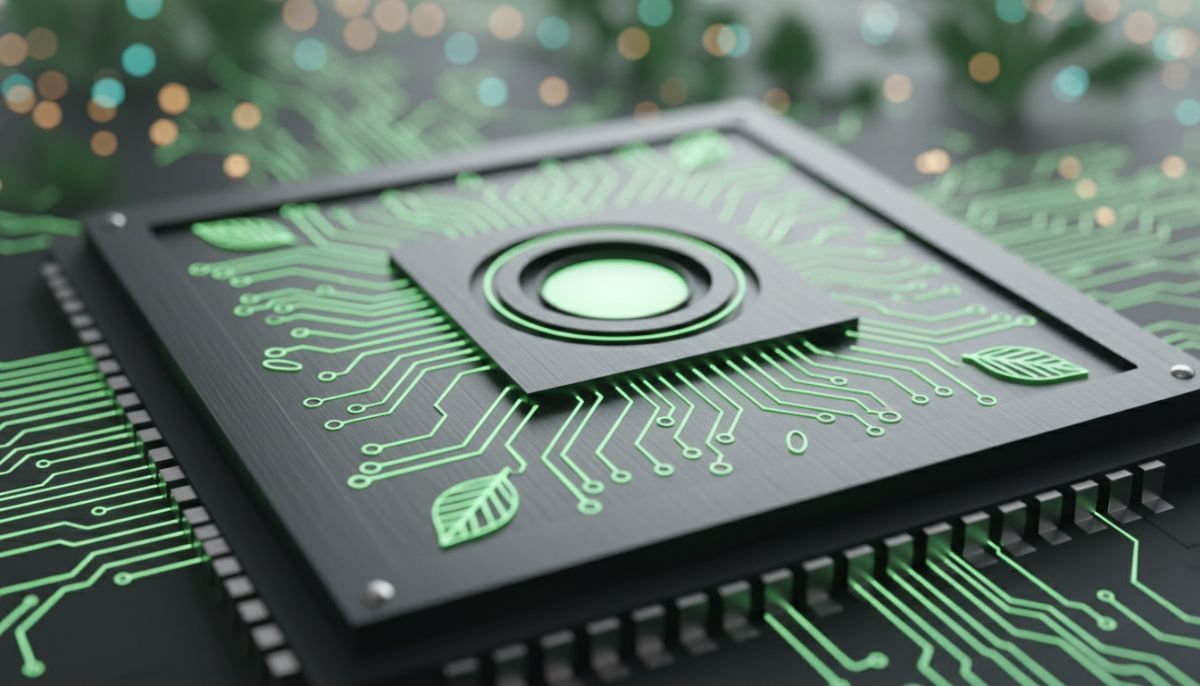 A macro shot of a sleek, modern AI processor chip with glowing green circuit patterns, symbolizing energy efficiency and eco-friendly technology, hyper-realistic, bokeh background