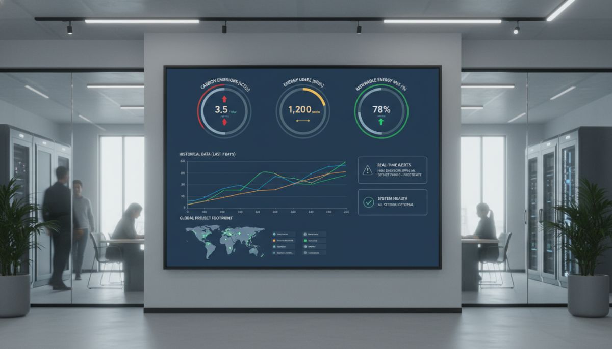 A professional dashboard displaying real-time data on carbon emissions, energy usage, and renewable energy mix for an AI project, clean UI/UX design, professional environment, soft lighting