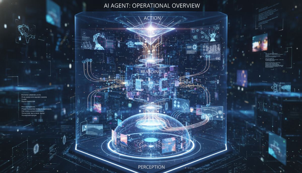 A sophisticated 3D visualization showing the inner workings of an AI agent, highlighting layers of perception, reasoning, and action in a futuristic digital environment.