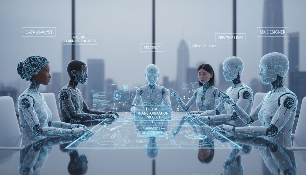 A clean, corporate-style infographic showing diverse AI avatars in a virtual board room, each with a specific label like 'Data Analyst' and 'Strategist', collaborating on a digital project.