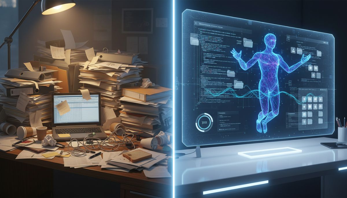 A split-screen visual: one side showing a cluttered desk of paperwork, the other side showing a clean, high-tech digital workspace with an AI agent seamlessly organizing icons and data streams.