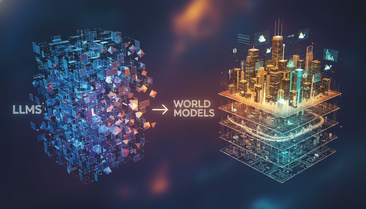 A complex 3D visualization of a neural network architecture transitioning from flat data nodes into a vibrant, multi-layered digital simulation of a physical city, representing the shift from LLMs to World Models.