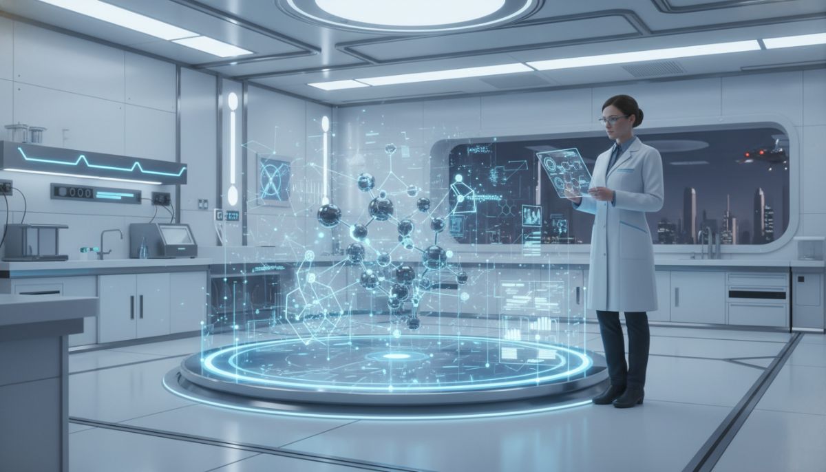 A clean, futuristic laboratory setting where a holographic interface displays complex chemical structures being manipulated by an invisible AI agent, with a human scientist observing the data on a transparent tablet.