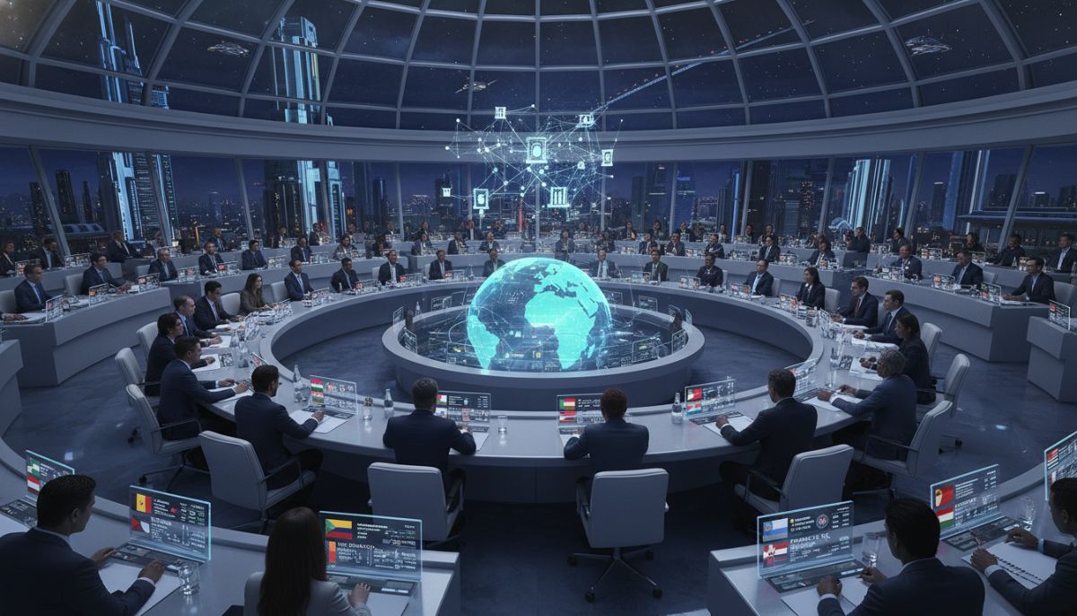 A wide shot of a futuristic international assembly hall, where representatives from diverse nations are seated around a circular table with a large, glowing globe at the center, symbolizing global AI governance and cooperation.