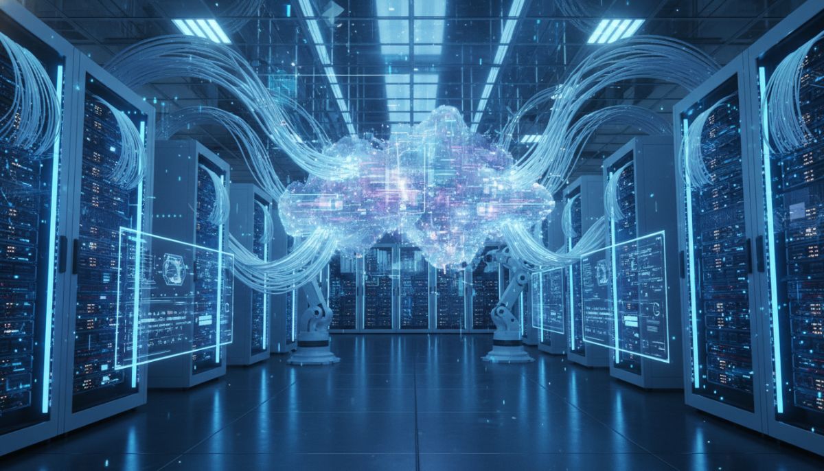 A futuristic data center with glowing blue servers and fiber optic cables extending into a digital cloud, representing high-capacity remote processing and data transmission.