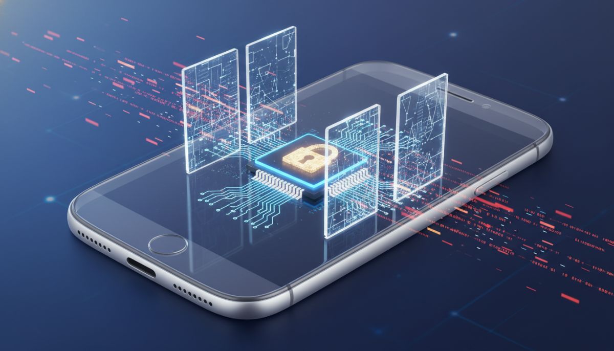 A conceptual illustration of a sleek smartphone with a glowing padlock icon on its internal processor, with digital walls blocking data streams from leaving the device.