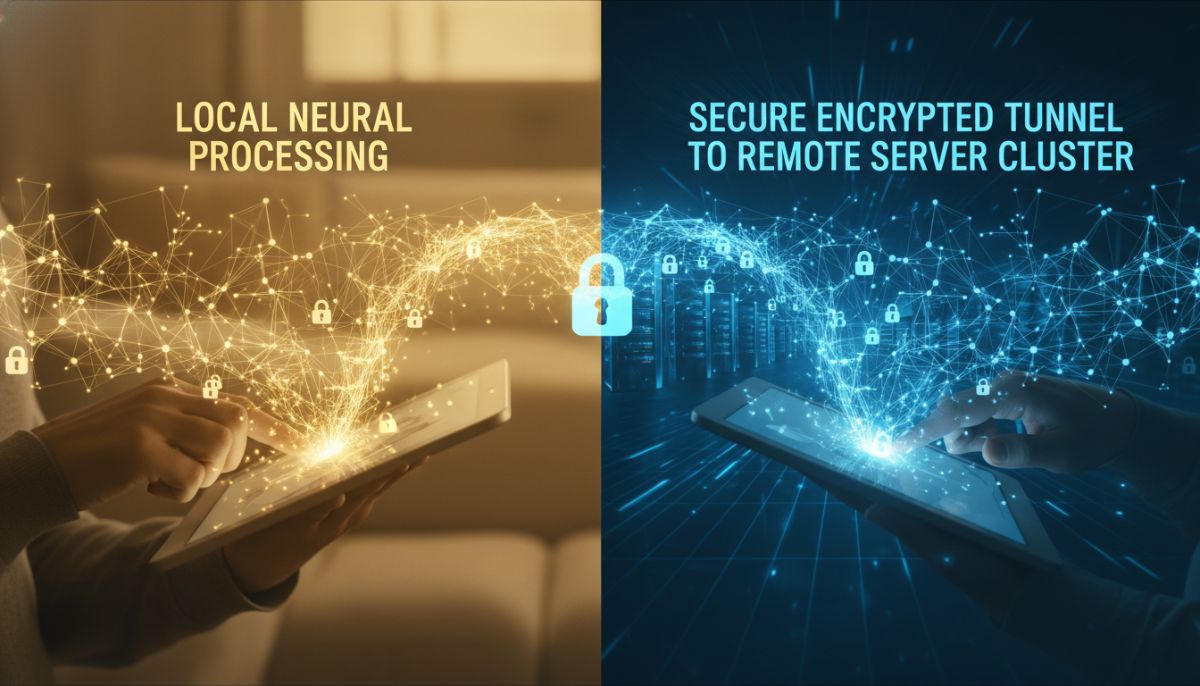 A split-screen graphic showing a user interacting with a tablet; one side highlights local neural processing in gold, the other shows a secure encrypted tunnel to a remote server cluster in blue.