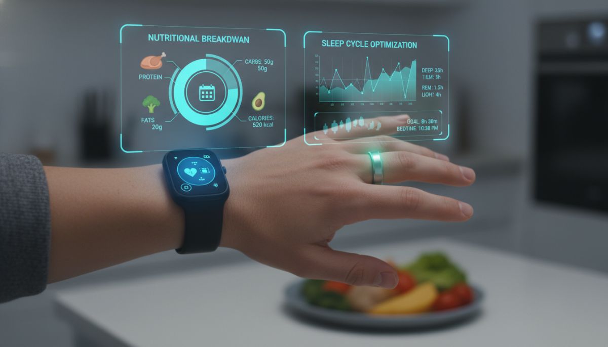 A person wearing a smartwatch and a smart ring, with holographic data overlays floating in the air showing nutritional analysis of a meal and sleep cycle optimization charts.