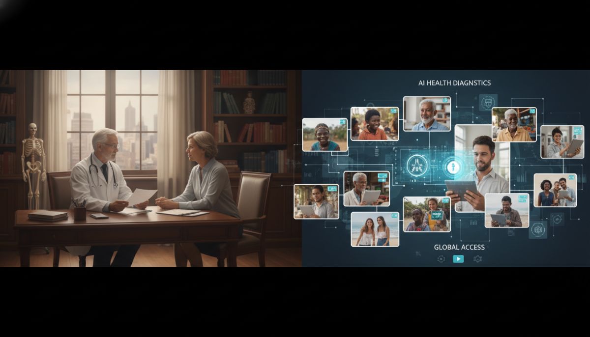 A split screen composition: one side shows a traditional medical consultation room, the other shows a diverse group of people globally using mobile tablets to access AI health diagnostics, representing the democratization of healthcare.